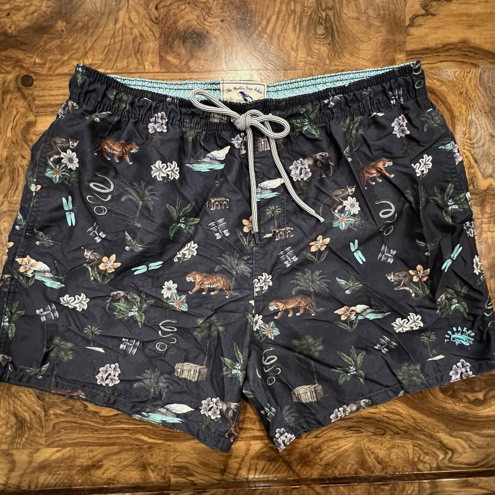 Ted Baker Swim Shorts Men Size 5 XL Navy Blue Excellent Jungle Safari Print